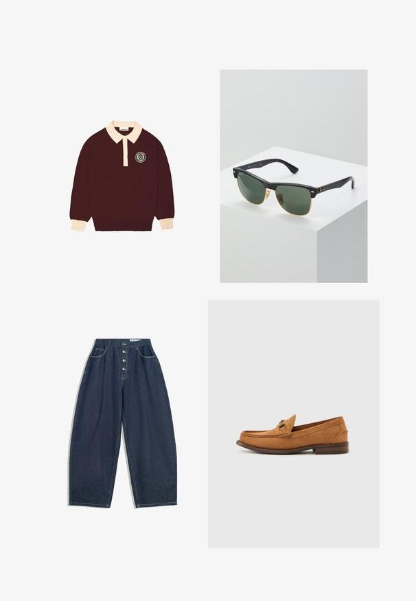 Bordeaux lange mouwen polo shirt met een crèmekleurige kraag en manchet, knoopsluiting en een cirkelvormig "Prohibited Berlin" logo op de linkerkant van de borst.; Donkerblauwe denim brede broek met een hoge taille, vijfknopen sluiting en vijf zakken. Heeft stiksels op de naden.; Lichtbruine suède herenslipper met metalen bitdetail en gestikte moc-toe, profielweergave op een effen witte achtergrond.; Ray-Ban zonnebrillen met groene lenzen, zwarte plastic monturen en gouden accenten aan de randen. Vierkante vorm met een matte afwerking.