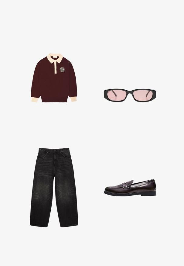 Bordeaux lange mouwen polo shirt met een crèmekleurige kraag en manchet, knoopsluiting en een cirkelvormig "Prohibited Berlin" logo op de linkerkant van de borst.; Zwarte denim jeans met wijde pijpen, voorzakken, riemlussen en subtiele vervaagde details op de dijen en knieën.; Donkerbruine leren loafer met een lage hak, gestikte details op de neus en een decoratieve band over het bovenwerk.; Zwarte rechthoekige zonnebril met smalle roze getinte glazen die op een wit oppervlak liggen.