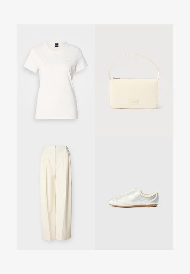 T-shirt en coton blanc avec un col rond et des manches courtes. Présente un petit logo brodé sur la poitrine. Texture lisse.; Pantalon crème à taille haute et jambes larges avec plis devant, fermeture éclair avant dissimulée et passants pour ceinture.; Baskets synthétiques argentées avec accents crème, profil bas, bout arrondi et semelle en caoutchouc plate ; dotées de coutures classiques et d'une fermeture à lacets.; Sac à main rectangulaire de couleur crème avec une seule sangle et une fermeture éclair sur le dessus, comportant une petite plaque de logo embossé à l'avant.