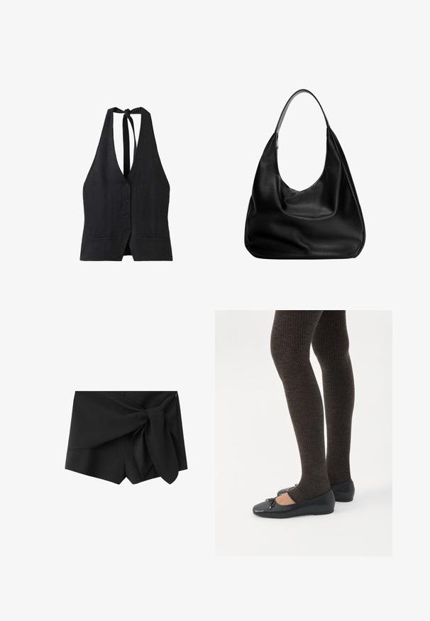 Haut noir sans manches à col halter, avec boutons sur le devant et deux petites poches devant, noué au cou avec un nœud.; Short noir taille haute avec détail en tissu superposé et grand nœud noué sur le côté droit devant.; Jambes portant des leggings côtelés foncés associés à des ballerines noires avec de petits détails en nœud sur fond blanc.; Sac hobo en cuir noir au design décontracté, avec une large bandoulière et une texture lisse. Dispose d'une fermeture éclair unique sur le côté.