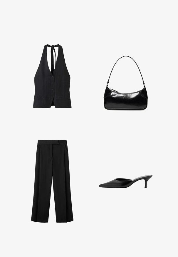 Haut noir sans manches à col halter, avec boutons sur le devant et deux petites poches devant, noué au cou avec un nœud.; Pantalon noir à jambes larges en tissu lisse, avec une taille plate, deux poches latérales et une ceinture cintrée.; Mule en cuir noir à bout pointu, avec un petit talon fin et un design sans contrefort pour enfiler facilement.; Sac à épaule en cuir noir brillant avec un seul compartiment zippé et une fine bandoulière arquée.