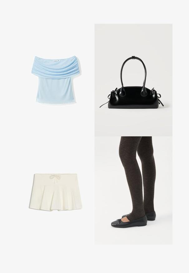 Haut bleu clair à épaules dénudées avec tissu froncé au niveau de l'encolure, coupe ajustée et texture douce et lisse. Ourlet sans couture.; Mini-jupe plissée blanche avec une taille à cordon et un tissu doux et structuré, posée à plat sur un fond blanc.; Jambes portant des leggings côtelés foncés associés à des ballerines noires avec de petits détails en nœud sur fond blanc.; Petit sac à main noir brillant avec deux longues anses et des détails à cordon sur les côtés sur un fond clair uni.