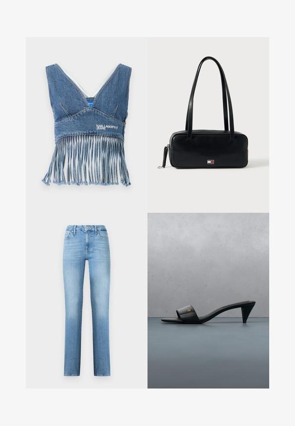 Denim-crop-topi, jossa on V-mallinen kaula-aukko, reunan fringeyksityiskohdat, sininen väri ja "KARL LAGERFELD JEANS" -logo etupuolella.; Vaaleansiniset suorat farkut, jotka on valmistettu denimistä ja joissa on klassinen viiden taskun muotoilu sekä tikattu vyötärö, jossa on edessä napitus.; Mustasta nahasta valmistettu avoimilla varpailla varustettu korkokengän sandaali, jossa on kultainen logo remmissä ja joka kelluu laatoitetun ulkopinnan yläpuolella taustallaan kasvillisuutta.; Musta nahkainen käsilaukku, jossa on suorakulmainen muoto, litteä pohja, kaksi olkahihnaa ja pieni logoyksityiskohta edessä. Sileä pinta.