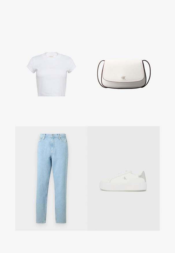 Hvid cropped t-shirt med korte ærmer og ribbet tekstur. Har en rund halsudskæring og en diskret "Calvin Klein"-logo i lys farve foran.; Lyseblå denimjeans med lige ben, femlommers design og knaplukning. Har subtilt slid og en glat tekstur.; Hvide lærredssneakers med en tyk hvid sål, prydet med en metallic sølvaccent på hælen og en diskret logo-detalje på siden.; Hvid skuldertaske med klaplukning, lille sølv "cK" logo i midten og tynd, justerbar, mørkebrun rem.