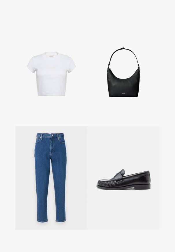 Hvid cropped t-shirt med korte ærmer og ribbet tekstur. Har en rund halsudskæring og en diskret "Calvin Klein"-logo i lys farve foran.; Blå denim jeans med høj talje, lynlås, fem lommer, lige ben og en diskret fadet tekstur, samt en ren sømfinish.; Sorte læderloafers med rundet tå, karakteristisk syning og en dekorativ rem over vampen. Glat finish og lav hæl.; Sort tekstureret læder skuldertaske med en enkelt rem og et lille Calvin Klein-logo foran i midten.