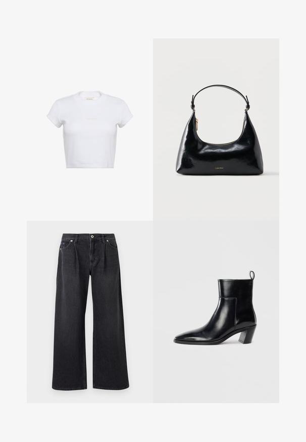 Hvid cropped t-shirt med korte ærmer og ribbet tekstur. Har en rund halsudskæring og en diskret "Calvin Klein"-logo i lys farve foran.; Bredde ben sorte jeans lavet af denim, med knaplukning foran, to frontlommer og en ren finish uden pynt.; Sort læder ankelstøvle med spids tå, geometrisk stablet hæl og en løftestrop bagpå. Glat tekstur og slankt design.; Sort blank Calvin Klein håndtaske med gyldent lynlås og kort rem mod en ensfarvet hvid baggrund.