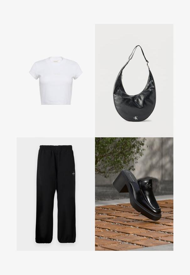 Hvid cropped t-shirt med korte ærmer og ribbet tekstur. Har en rund halsudskæring og en diskret "Calvin Klein"-logo i lys farve foran.; Sorte sweatpants med elastisk talje, løse ben og en lille logo detalje på venstre side. Glat stof tekstur.; Sort læder Calvin Klein slip-on mule med blokhæl, der hviler på trætøj udendørs nær en grøn plante og en grå væg.; Sort læder skuldertaske i halvmåneform med justerbar rem og sølvfarvet "cK"-logo foran, mod hvid baggrund.