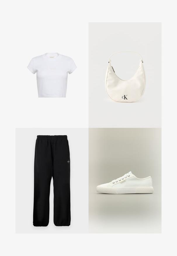 Hvid cropped t-shirt med korte ærmer og ribbet tekstur. Har en rund halsudskæring og en diskret "Calvin Klein"-logo i lys farve foran.; Sorte sweatpants med elastisk talje, løse ben og en lille logo detalje på venstre side. Glat stof tekstur.; Hvid lavtopet lærreds-sneaker med tekstureret gummisål, hvide snørebånd og lille Calvin Klein-mærke på siden.; Lille hvid halvmåneformet håndtaske med kort rem, lynlås og sort "cK"-logo foran.