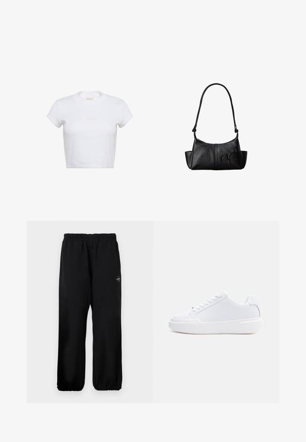 Witte korte crop-top met korte mouwen en een geribbelde textuur. Heeft een ronde halslijn en een subtiel "Calvin Klein" logo in een lichte kleur aan de voorkant.; Zwarte sweatpants met een elastische tailleband, losse pijpen en een klein logodetail aan de linkerzijde. Gladde stoftextuur.; Witte lage sneaker met vetersluiting, dikke zool en glad bovenwerk, gezien vanaf de buitenkant tegen een effen lichte achtergrond.; Zwarte leren schoudertas met lange band, zijvakjes en een reliëflogo van Calvin Klein aan de voorkant.