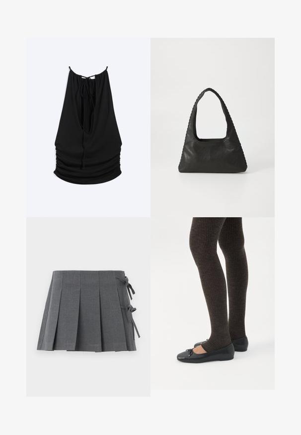 Haut noir sans manches avec tissu froncé, dos profond en forme de V et fines bretelles nouées dans le haut du dos.; Jupe mini plissée grise en tissu texturé, avec une fermeture à nouer sur un côté et une ceinture lisse pour plus de confort.; Jambes portant des leggings côtelés foncés associés à des ballerines noires avec de petits détails en nœud sur fond blanc.; Sac à main en cuir noir de forme triangulaire, avec une grande poignée découpée et des coutures détaillées le long des bords. Texture lisse.