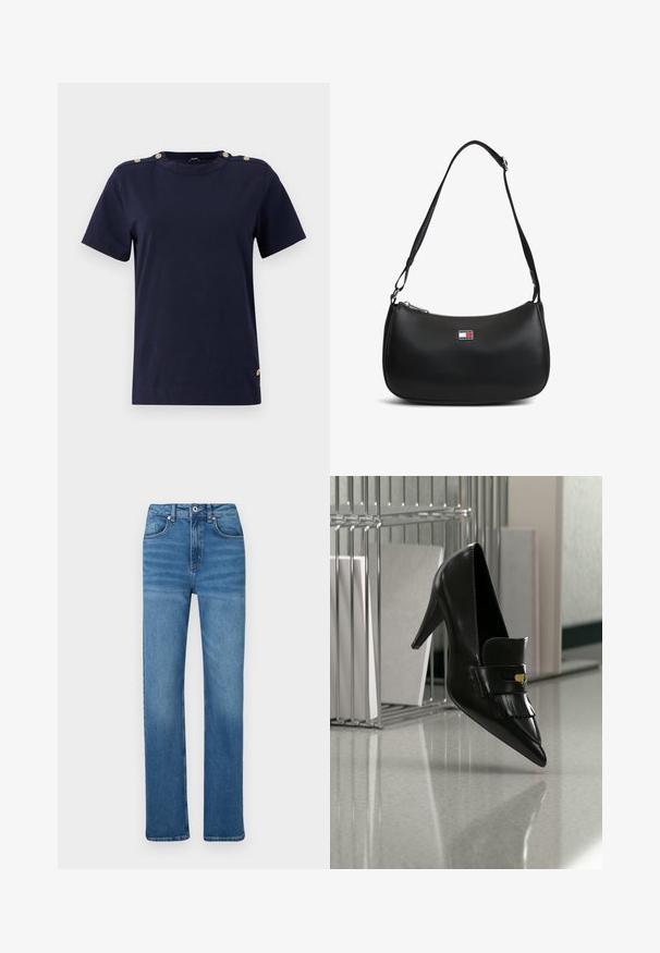 Dunkelblaue Baumwoll-T-Shirt mit kurzen Ärmeln, Rundhalsausschnitt und goldfarbenen Knopfdetails an den Schultern. Glatte Textur, normale Passform und ohne Muster.; Blaue Jeans aus Denim mit geradem Schnitt, ausgestattet mit einem Knopf- und Reißverschluss, fünf Taschen und dezentem Verblassen entlang der Beine.; Schwarzer Leder-Highheel mit spitzer Spitze und dekorativem Fransenbesatz, schwebt über einem glänzenden Boden nahe eines Metallregals mit Dokumenten.; Schwarze Schultertasche mit verstellbarem Riemen und kleinem Tommy Jeans Logo-Plättchen vorne in der Mitte.