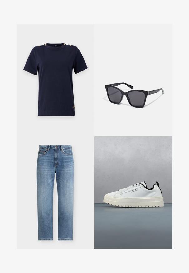 Navyblauwe katoenen T-shirt met korte mouwen, ronde hals en gouden knopenaccenten op de schouders. Zachte textuur, normale pasvorm en geen patronen.; Lichtblauwe recht gesneden spijkerbroek met vijf zakken, knoopsluiting en subtiele vervaagde details aan de voorkant van de dijen.; Witte leren sneaker met een chunky, gestructureerde zool met een gezaagd ontwerp. Zwarte accenten op de hak en de tong zorgen voor contrast.; Zwarte rechthoekige zonnebril met donkere lenzen en glanzende montuur. Voorzien van zilveren branding aan de zijkant. Vierkante vorm met stevige pootjes.