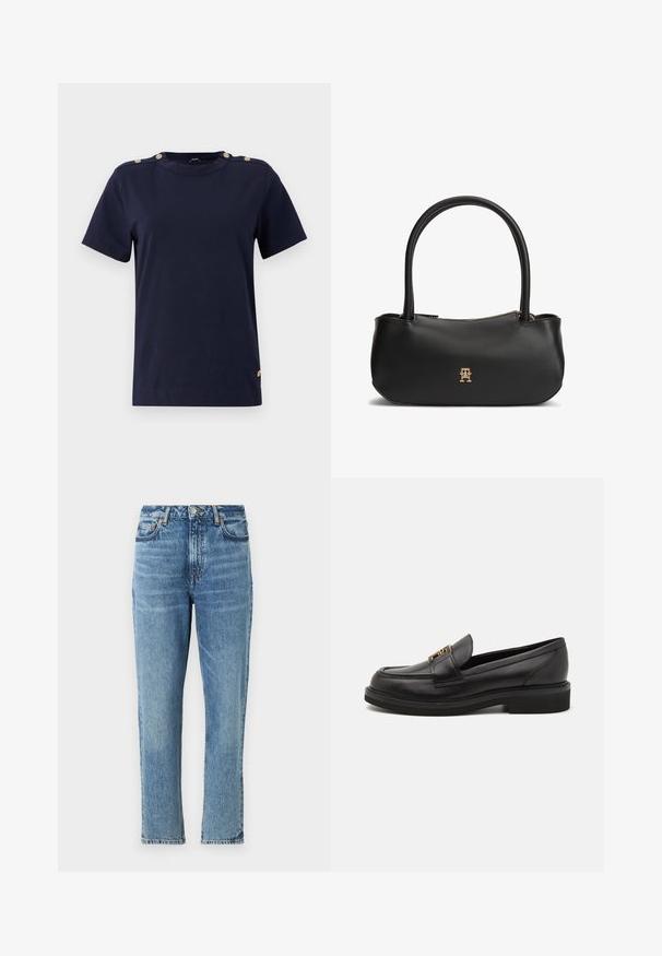 Dunkelblaue Baumwoll-T-Shirt mit kurzen Ärmeln, Rundhalsausschnitt und goldfarbenen Knopfdetails an den Schultern. Glatte Textur, normale Passform und ohne Muster.; Hellblaue Denim-Jeans mit hoher Taille, geradem Bein Design und verblasster Textur. Mit silbernem Hardware und kontrastierenden Nähten.; Schwarze Lederloafers mit runder Zehenform, genähten Details, goldfarbenen Beschlägen und einer niedrigen, strukturierten Gummisohle. Glatte, elegante Oberfläche.; Schwarze Ledertasche mit doppelten, runden Griffen, goldenem Reißverschluss und kleinem, goldfarbenem ineinandergreifendem Logo in der vorderen Mitte.