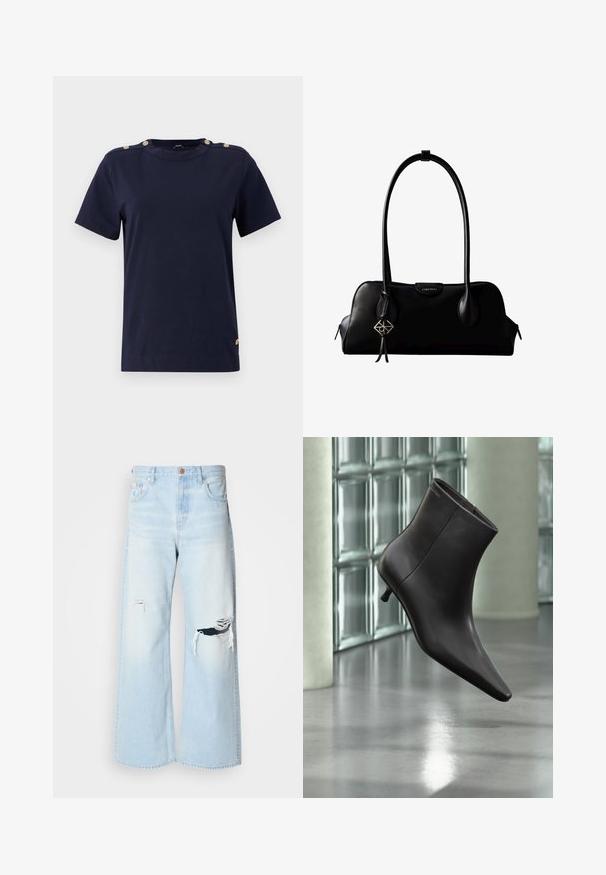 Navyblauwe katoenen T-shirt met korte mouwen, ronde hals en gouden knopenaccenten op de schouders. Zachte textuur, normale pasvorm en geen patronen.; Lichtblauwe wijde jeans van denim, met een hoge taille, grote scheuren bij de knieën en een klassieke vijf-pocket stijl met koperen details.; Zwarte leren enkellaars met puntige neus en lage hak, afgebeeld tegen een glazen blokkenmuur en gepolijste vloer op de achtergrond.; Zwarte leren Calvin Klein handtas met lange hengsels, een logo-label aan de voorkant en een zilverkleurige geometrische hanger die aan één hengsel hangt.