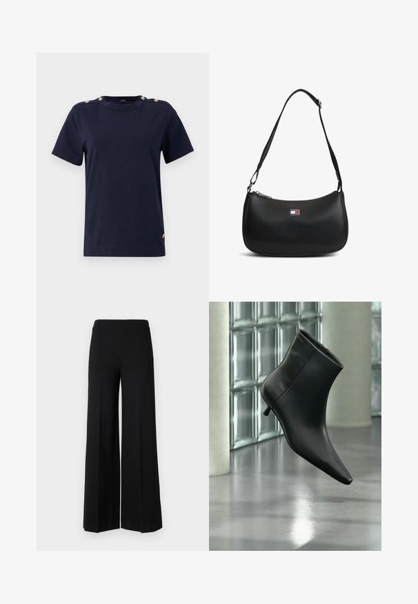 Navyblauwe katoenen T-shirt met korte mouwen, ronde hals en gouden knopenaccenten op de schouders. Zachte textuur, normale pasvorm en geen patronen.; Zwarte wijde broek met een gladde textuur, voorzien van een hoge tailleband en zonder zichtbare sluitingen. Eenvoudig, strak design.; Zwarte leren enkellaars met spits toelopende neus en lage kittenhak, schuin weergegeven tegen een gepolijste vloer en een glazen blokken muur als achtergrond.; Zwarte schoudertas met verstelbare riem en klein Tommy Jeans-logo plaatje aan de voorkant in het midden.