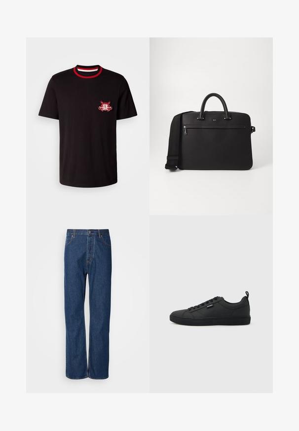Camiseta de algodón negra con un cuello redondo acanalado en rojo y blanco. Tiene un logotipo bordado en rojo y blanco en el lado izquierdo del pecho.; Jeans de denim azul con un diseño de pierna recta, que cuentan con una bragueta de botones, cinco bolsillos y costuras de contraste a lo largo de las costuras.; Zapatilla negra de corte bajo con cierre de cordones, suela plana y pequeña etiqueta "HUGO" en el lateral, mostrada de perfil sobre fondo claro.; Bolso de piel negra con textura suave, doble asa superior y una correa de hombro desmontable. Cuenta con un bolsillo delantero con cremallera y detalle del logo.