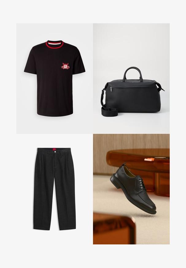 Camiseta de algodón negra con un cuello redondo acanalado en rojo y blanco. Tiene un logotipo bordado en rojo y blanco en el lado izquierdo del pecho.; Pantalones negros de talle alto con pliegues delanteros, trabillas para cinturón, cierre con botón y cremallera, y una etiqueta roja en el interior de la cintura.; Zapato de vestir negro de piel con cordones y parte delantera texturizada, flotando sobre una alfombra beige en una habitación moderna con muebles de tono ámbar.; Bolsa de viaje de cuero negro con dos asas superiores, una correa de hombro desmontable y un bolsillo frontal con cremallera para almacenamiento adicional.