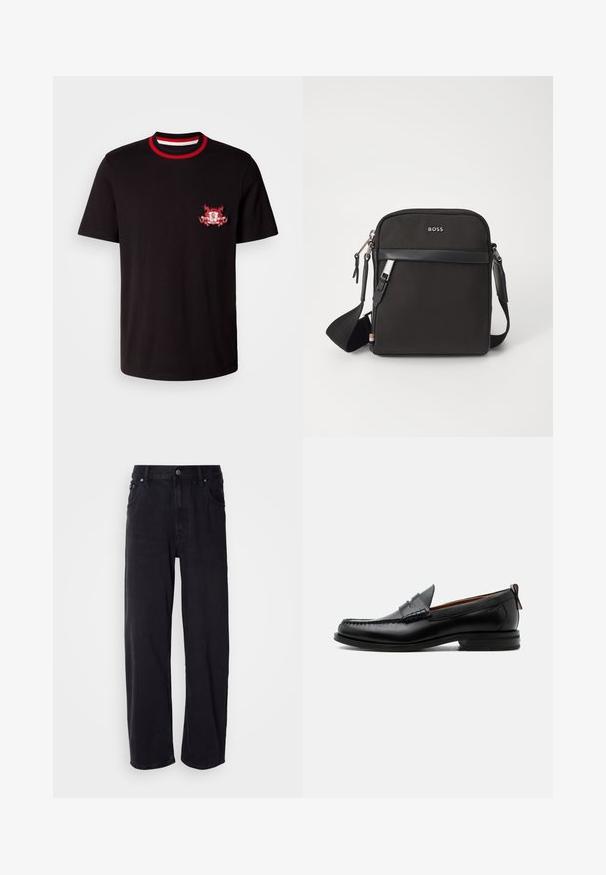 Sort bomulds T-shirt med en rund rød og hvid ribbet krave. Den har et rødt og hvidt broderet logo på venstre bryst.; Sorte denimjeans med løs pasform, der har høj talje, fem lommer og metalknapper. Stoffet har en mat tekstur.; Sort læder herre loafer med moc-tå syning, penny strop, struktureret krave og lav stablet hæl på hvid baggrund.; Sort crossbody taske med et struktureret stof, logo på fronten, lynlås lukning og justerbar rem. Har en glat læderkant.