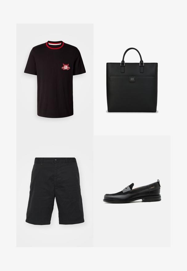 Schwarzes Baumwoll-T-Shirt mit einem rundem, rot-weißen Rippkragen. Es hat ein rot-weiß gesticktes Logo auf der linken Brust.; Schwarze Shorts aus leichtem Stoff, mit Knopfverschluss, Gürtelschlaufen und geradem Schnitt. Einfaches Design ohne sichtbare Muster.; Schwarzer Lederloafer mit grauem Riemendetail, niedrigem Absatz und strukturierter Sohle, seitlich mit „HUGO“ in Gold gebrandmarkt.; Schwarze Ledertasche im strukturierten rechteckigen Design, mit zwei oberen Griffen, silbernen Akzenten und einer Fronttasche mit einem Logo.