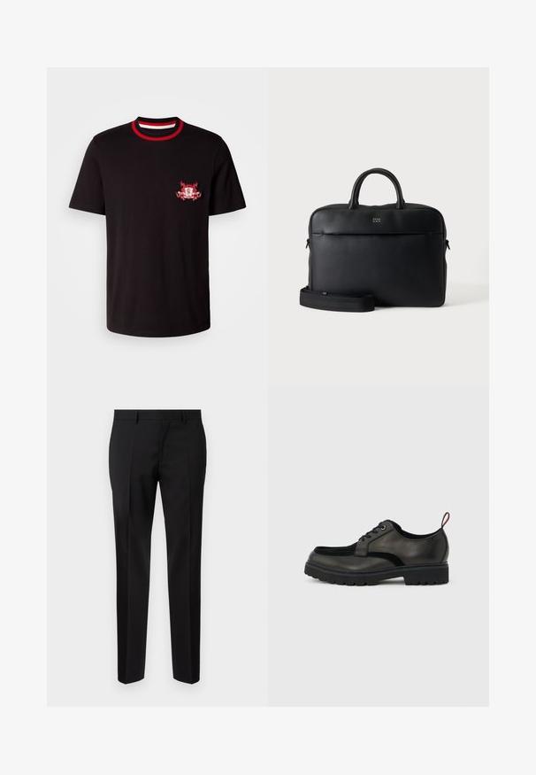 Camiseta de algodón negra con un cuello redondo acanalado en rojo y blanco. Tiene un logotipo bordado en rojo y blanco en el lado izquierdo del pecho.; Pantalones negros de corte ajustado, hechos de una tela suave, con pernera recta, detalles de pinzas refinadas y una cinturilla clásica con ojales para cinturón.; Zapato negro de cuero con cordones, suela gruesa con dibujo y lengüeta roja en el talón, mostrado de perfil sobre un fondo gris claro.; Maletín de cuero negro con textura, con asas superiores y correa de hombro desmontable, mostrando un pequeño logo frontal sobre un fondo gris neutro.