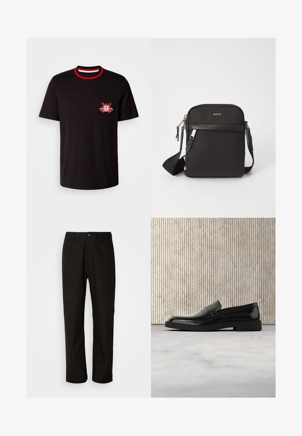 Schwarzes Baumwoll-T-Shirt mit einem rundem, rot-weißen Rippkragen. Es hat ein rot-weiß gesticktes Logo auf der linken Brust.; Schwarze Baumwollhosen mit geradem Schnitt, Gürtelschlaufen, einem Reißverschluss vorne und einem einzelnen Knopfverschluss. Glatte Textur ohne sichtbare Muster.; Schwarzer, polierter Lederloafer, der über einem beigen Teppich schwebt, mit orangener, durchscheinender Möbel im Hintergrund.; Schwarze Umhängetasche aus strukturiertem Stoff, mit Logo auf der Vorderseite, Reißverschluss und verstellbarem Tragegurt. Verfügt über eine glatte Lederbesatz.