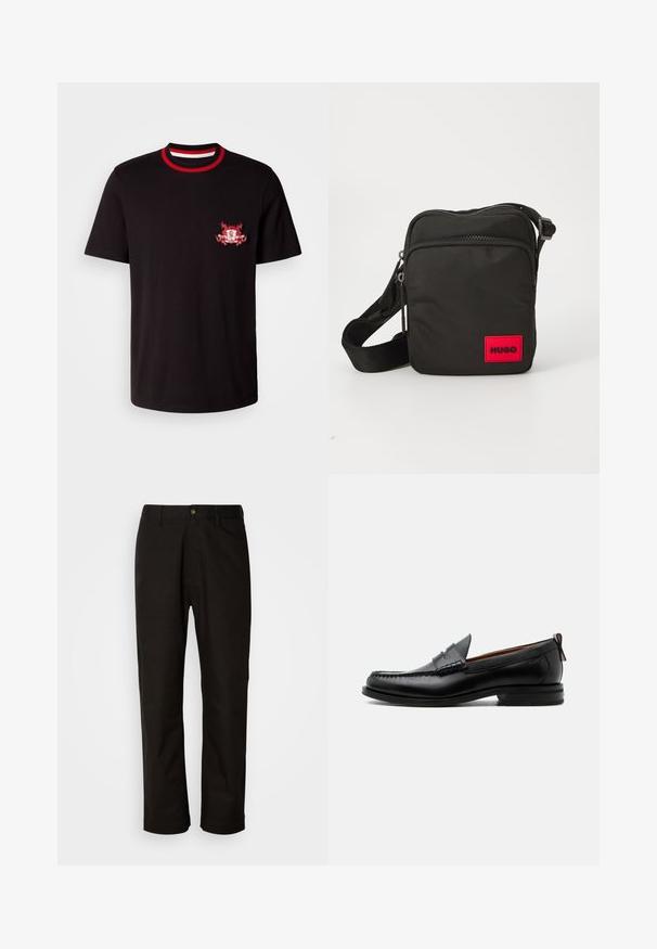 Schwarzes Baumwoll-T-Shirt mit einem rundem, rot-weißen Rippkragen. Es hat ein rot-weiß gesticktes Logo auf der linken Brust.; Schwarze Baumwollhosen mit geradem Schnitt, Gürtelschlaufen, einem Reißverschluss vorne und einem einzelnen Knopfverschluss. Glatte Textur ohne sichtbare Muster.; Schwarzer Leder-Herrenschuh mit Mokassinnaht, Penny-Riemen, strukturiertem Kragen und niedrigem gestapeltem Absatz auf weißem Hintergrund.; Schwarze Nylon-Crossbody-Tasche mit einem roten rechteckigen Logo-Patch, Reißverschlussfächern, verstellbarem Schultergurt und strukturiertem Material.