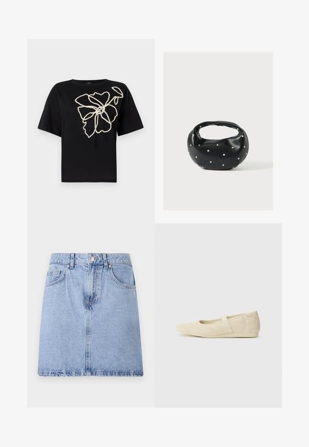 Zwarte t-shirt met korte mouwen met een bloemmotief in gemarmerde crème borduurwerk aan de voorkant, met een ontspannen pasvorm en ronde hals.; Lichtblauwe denim rok met een vijf-pocket ontwerp, sluiting met knoop en rits aan de voorkant, en een onafgewerkte zoom. Soepele textuur met lichte vervaging.; Beige ballerina's met een gladde leren buitenkant, amandelvormige punt en elastische band over de wreef, met subtiele stiksels.; Zwarte leren handtas met een afgeronde vorm, versierd met zilveren studs, en een korte handgreep. Gladde textuur en ritsluiting.