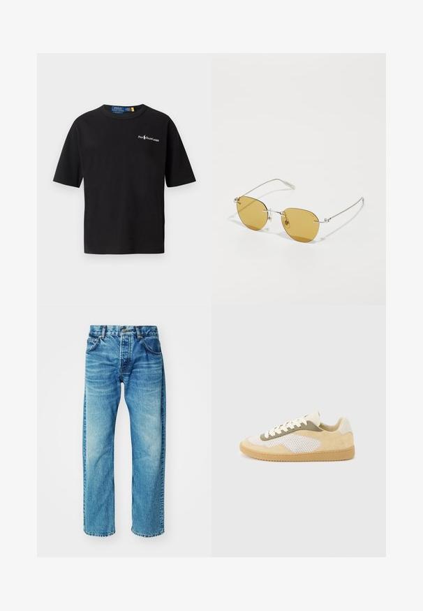 Čierne bavlnené tričko s krátkymi rukávmi, okrúhlym výstrihom a bielym logom na ľavej hrudi so textom "Polo Ralph Lauren".; Modré denimové džínsy s voľným strihom, obsahujúce päť vreciek, zapínanie na gombík a jemné vyblednutie so slabým rozstrapkaným lemom.; Nízke tenisky s béžovým semišom, bielymi sieťovinovými panelmi, olivovými akcentmi, bielymi šnúrkami a podrážkou z gumy na svetlosivom pozadí.; Slnko zafarbené slnečné okuliare so štíhlym strieborným rámom, oválneho tvaru a minimalistickým dizajnom. Obsahujú tenké metalové ramienka a nastaviteľné nosové podložky.