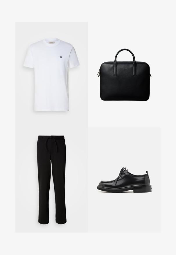 Camiseta de algodón blanca con mangas cortas y cuello redondo. Presenta un pequeño logo negro "ck" en el lado izquierdo del pecho. Corte clásico. Textura suave.; Pantalones de chándal negros con cinturilla ajustable, hechos de tela suave y elástica. Presentan un corte relajado con piernas rectas y sin bolsillos visibles.; Calvin Klein LACE UP APRON BRUSH OFF - Zapatos de vestir - black; Maletín de cuero negro texturizado con doble asa y tiradores de cremallera plateados, centrado sobre fondo blanco.