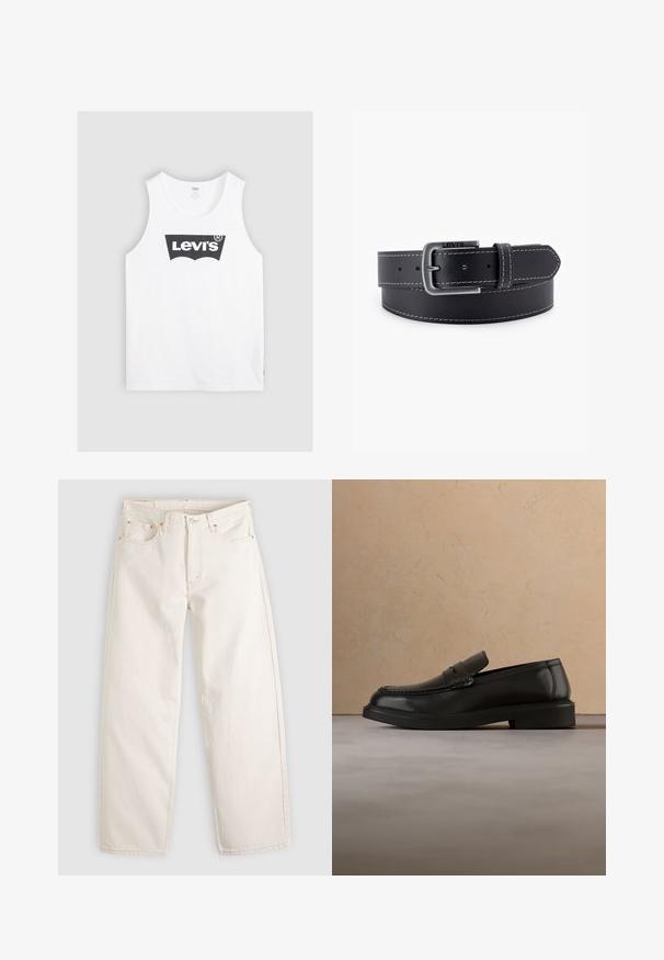 Weißes Baumwoll-Trägershirt mit einem schwarzen Levi's-Logo in der Mitte. Einfaches Design mit rundem Halsausschnitt und weiten Armausschnitten.; Cremeweiße Jeans mit geradem Bein, fünf Taschen, Gürtelschlaufen, Knopfverschluss und sichtbaren Nähten auf hellem Hintergrund.; Schwarzer Lederschuh ohne Schnürsenkel schwebt über einem beigen gewebten Teppich, im Hintergrund ein runder Holztisch und ein Sofa.; Schwarzer Ledergürtel mit einer silberfarbenen Metallschnalle, kontrastierender weißer Naht und glatter Oberfläche. Verfügt über mehrere Einstelllöcher.
