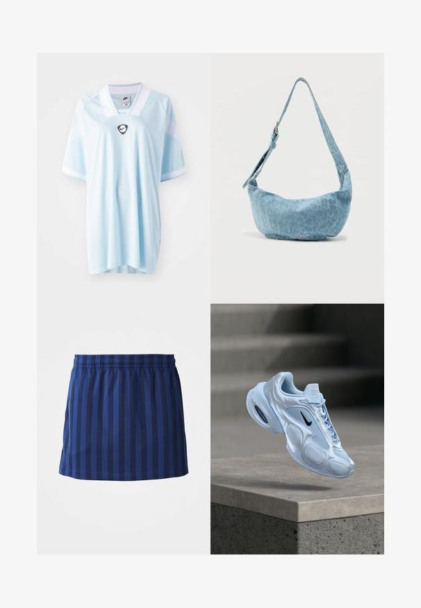 Svietlo modrý dres Nike s výstrihom do V, krátkymi rukávmi a čiernym logom Nike na strede. Vyrobený z priedušnej, textúrovanej látky.; Námornícka modrá sukňa s vertikálnymi pruhmi, elastický pás, dĺžka po polovicu stehna, vyrobená z ľahkej tkaniny, hladká textúra.; Svetlomodrá športová obuv s sieťovinovými panelmi, zaobleným tvarom, textúrovanými detailmi a čiernym logom. Obsahuje viditeľné vzduchové odpruženie v podrážke.; Svetlomodrá rifľová taška cez rameno s zakriveným tvarom, nastaviteľným popruhom a jemným leopardím vzorom. Na prednej strane má detail s logom.