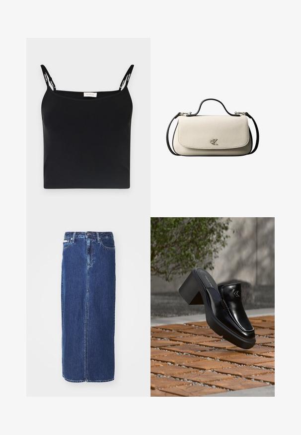 Sort ribbet top med tynde stropper og Calvin Klein branding. Enkel, tætsiddende design med en glat tekstur og uden yderligere mønstre.; Mørkeblå denimnederdel, knælang, med slidse foran, traditionel talje og fem-lommes design med kontrasterende syninger.; Sort læder Calvin Klein slip-on mule med blokhæl, der hviler på trætøj udendørs nær en grøn plante og en grå væg.; Cremefarvet rektangulær håndtaske med sort rem og håndtag, foran klaplukning samt lille sølvfarvet "cK" logo midt foran.