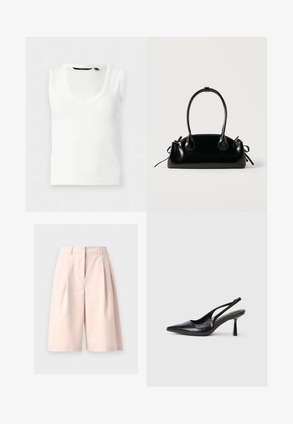 Haut sans manches blanc côtelé avec col en V et une petite encoche au niveau du col, présenté sur un fond clair uni.; Short large taille haute rose pâle, longueur genou, avec passants pour ceinture et plis devant sur fond gris clair.; Chaussure à talon haut en cuir noir, à bride arrière, avec un bout pointu et un talon fin sur fond blanc.; Petit sac à main noir brillant avec deux longues anses et des détails à cordon sur les côtés sur un fond clair uni.