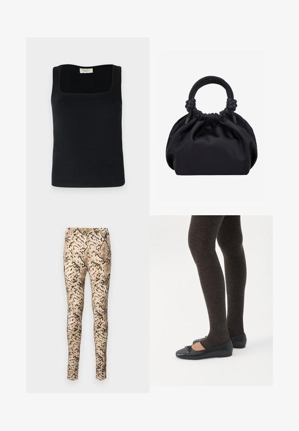 Top sin mangas negro con escote cuadrado, hecho de una tela suave. Diseño simple sin patrones ni acentos visibles.; Leggings de estampado de serpiente en beige y negro con un diseño ajustado, que presentan una textura suave y una cintura elástica para mayor comodidad.; Piernas con leggings oscuros acanalados combinados con bailarinas negras que presentan pequeños detalles de lazo sobre un fondo blanco.; Bolso de mano de tela negra suave con parte superior fruncida y asas acolchadas circulares atadas con nudos a cada lado.