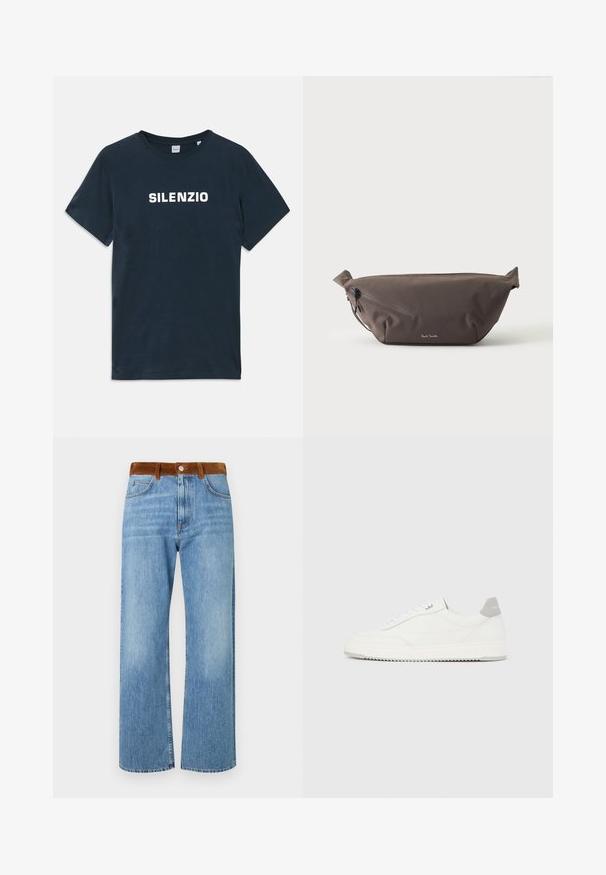 Navyblauwe katoenen T-shirt met korte mouwen en een ronde hals. Voorzien van "SILENZIO" in vetgedrukte witte tekst over de borst.; Lichtblauwe denim jeans met een rechte pijpdesign, voorzien van een bruine suède tailleband, voorzakken en een rits sluiting.; Witte lage sneaker met grijze hielpatch, witte veters en een gestructureerde zool, gepresenteerd op een effen lichte achtergrond.; Donkerbruine stoffen heuptas met diagonale ritssluiting en klein wit logo aan de voorkant, tegen een effen lichte achtergrond.