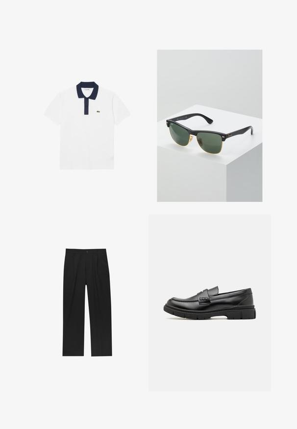 Weißes Poloshirt aus Baumwolle, mit einem maritimen Kragen und einer Drei-Knopf-Leiste. Enthält ein kleines, grünes gesticktes Logo auf der linken Brust.; Schwarze Hose mit geradem Schnitt, aus einem glatten Stoff gefertigt. Verfügt über Vorderfalten und einen einzelnen Knopfverschluss an der Taille.; Schwarze Lederloafer mit einem breiten Riemen über dem Rist, Gummisohle mit dicken Profilen und glatter Textur. Klassisches, schlankes Design.; Ray-Ban Sonnenbrillen mit grünen Gläsern, schwarzen Kunststoffrahmen und goldenen Akzenten an den Rändern. Quadratische Form mit matter Oberfläche.