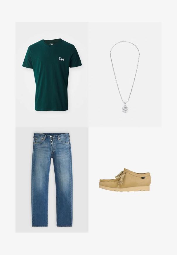 Mørkegrøn t-shirt i bomuld med rund halsudskæring, korte ærmer og et hvidt broderet "Lee" logo på venstre bryst.; Lysblå denim jeans med lige pasform, der har fem lommer, metalknaplukning og kontrastgule syninger.; Beige ruskindsmokassin med gummisål, snøredetalje og et lille Gore-Tex stoflabel på siden.; Sølv halskæde med forlængede led og en vedhæng med et dollartegn, accentueret med klare krystaller.