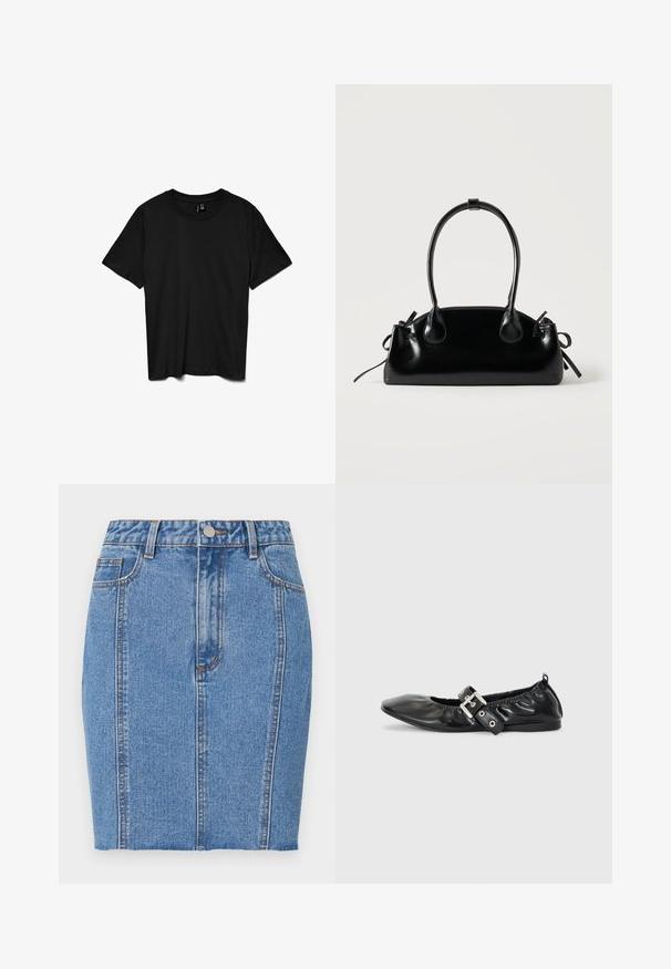 Zwart T-shirt met korte mouwen en ronde hals, effen ontwerp, plat gelegd op een witte achtergrond.; Lichte blauwe denim minirok met een hoge taille, twee voorkruiden en oranje stiksels. Gladde textuur, aansluitend design.; Zwarte leren platte schoen met een spitse neus, geplooide details rond de opening en een zilveren gespaccentueerde verstelbare band.; Kleine zwarte glanzende handtas met twee lange hengsels en zijkant trekkoord details op een effen lichte achtergrond.
