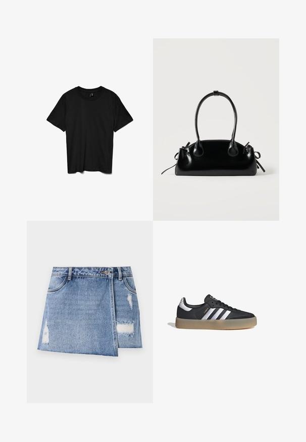 Camiseta negra de manga corta con cuello redondo, diseño liso, mostrada extendida sobre un fondo blanco.; Minifalda de mezclilla en azul claro con áreas desgastadas y detalles deshilachados. Cuenta con un cierre de botón en la parte delantera y un diseño tradicional de cinco bolsillos.; Zapatilla deportiva de cuero negro con tres rayas plateadas, punta texturizada y suela de goma. Cuenta con un collar acolchado y un diseño con cordones.; Pequeño bolso negro brillante con dos asas largas y detalles de cordón lateral sobre un fondo claro liso.