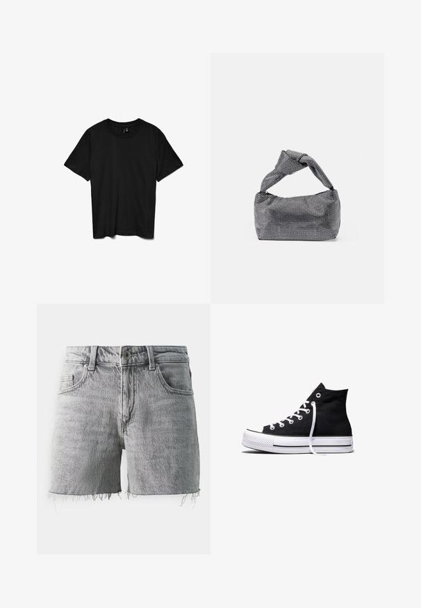 Sort t-shirt med korte ærmer og rund hals, ensfarvet design, lagt fladt på en hvid baggrund.; Vero Moda VMTESS CUT OFF - Denimshorts - medium grey denim; Sort high-top canvas sneaker med hvid gummisål og hvide snørebånd, vist fra siden mod en hvid baggrund.; Sorte og sølv håndtaske med en tekstureret overflade, der har et diamantmønster, en knyttet håndtag og en struktureret form.