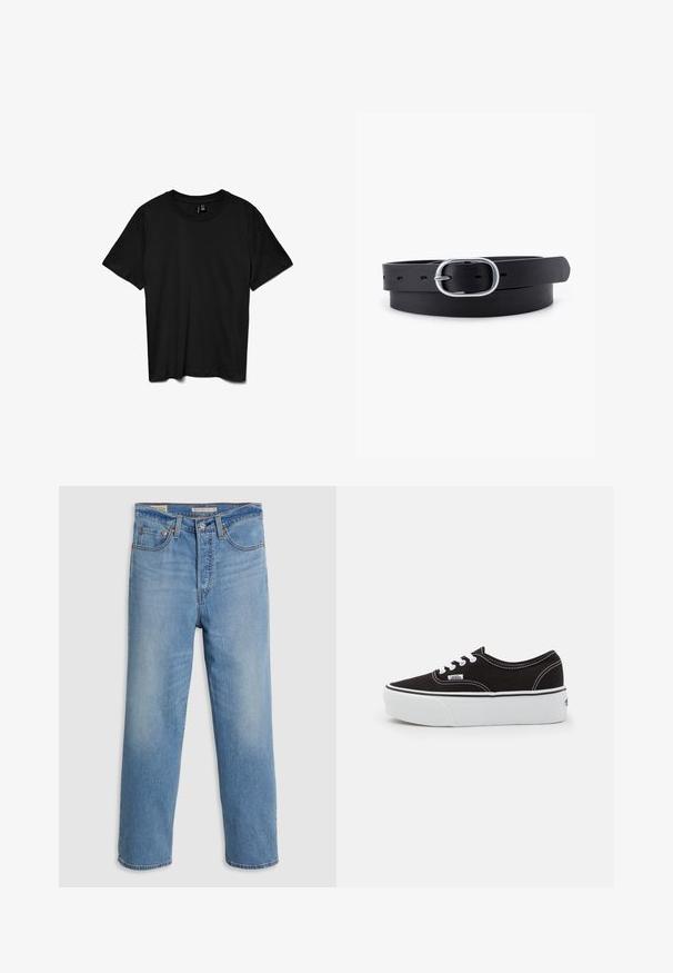 Sort t-shirt med korte ærmer og rund hals, ensfarvet design, lagt fladt på en hvid baggrund.; Lysblå lige ben denimbukser med forlommer, bæltestropper og en knaplukning på en ensfarvet baggrund.; Sort lærred sneakers med en hvid gummi platform sål, der har hvide snørebånd og syninger, ikonisk branding på siden, lav-top design.; Sort læderbælte med en glat overflade, oval sølvmetalspænde og flere justeringshuller langs stroppen. Flad, minimalistisk design.