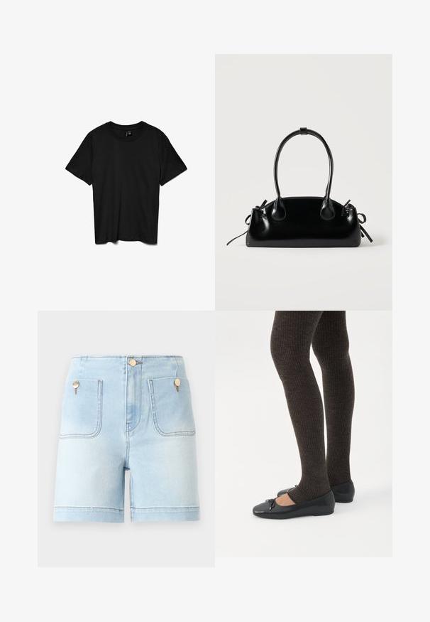 Zwart T-shirt met korte mouwen en ronde hals, effen ontwerp, plat gelegd op een witte achtergrond.; Lichtblauwe denim korte broek met hoge taille, met twee voorzakken, gouden hardware accenten en een nette zoom.; Benen met donkere geribbelde leggings gecombineerd met zwarte ballerina's met kleine strikdetails op een witte achtergrond.; Kleine zwarte glanzende handtas met twee lange hengsels en zijkant trekkoord details op een effen lichte achtergrond.