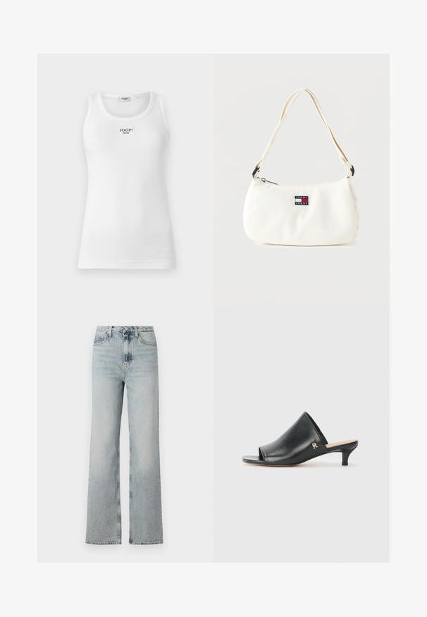 Débardeur blanc en tissu côtelé, avec un col rond et une étiquette rectangulaire avec "JOOP! JEANS" sur le devant.; Jean en denim léger bleu clair taille haute avec une coupe large, comportant cinq poches et un léger dégradé sur le tissu.; Mules ouverts en cuir noir avec un talon bas. Présentent une surface lisse et un accent logo doré sur le côté.; Sac à épaule blanc avec bandoulière ajustable et écusson logo Tommy Jeans sur le devant, sur fond uni.