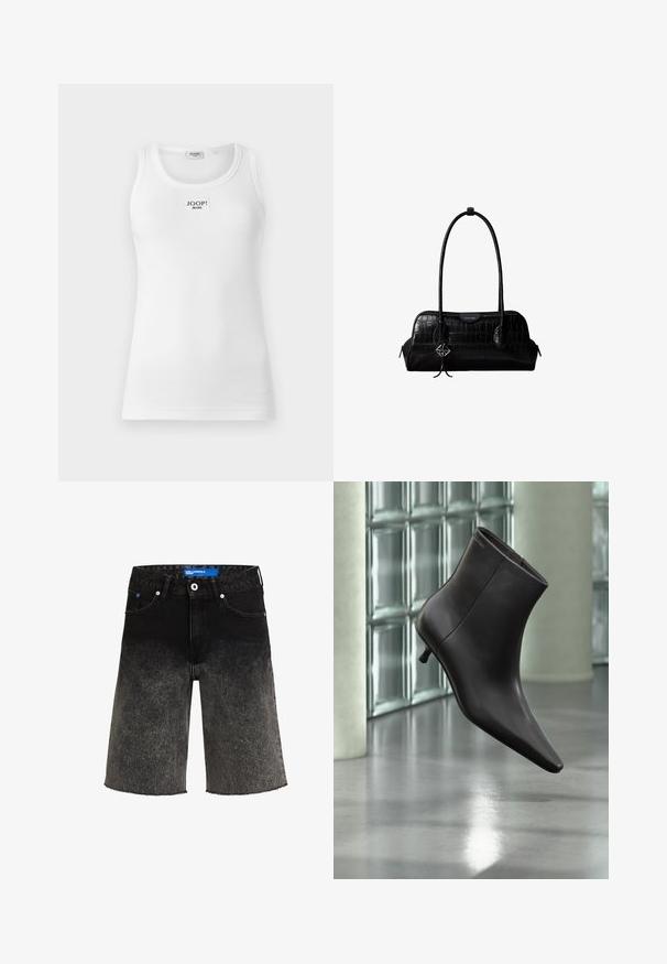 Débardeur blanc en tissu côtelé, avec un col rond et une étiquette rectangulaire avec "JOOP! JEANS" sur le devant.; Shorts en denim noir avec un dégradé allant du foncé au clair. Ils présentent un ourlet effiloché, deux poches avant et une étiquette bleue de marque sur la ceinture.; Bottine en cuir noir avec bout pointu et petit talon, présentée devant un mur en blocs de verre et un sol poli.; Sac à épaule en cuir noir à texture crocodile, avec de longues sangles et un petit charm logo argenté sur une sangle.