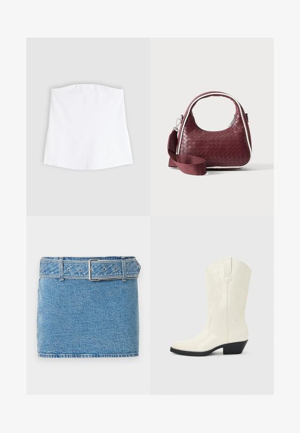 Haut bandeau blanc sans bretelles, aux bords droits, posé à plat sur un fond gris clair.; Abercrombie & Fitch CLASSIC BELTED SCARLETTE MINI SKORT - Jupe en jean - blue denim; Botte blanche de style western mi-mollet avec bout pointu, talon empilé noir, coutures décoratives et languette de tirage sur la tige.; Sac à main en cuir tressé marron foncé avec poignée courbée, garniture blanche, fermeture éclair argentée et bandoulière large en tissu amovible sur fond uni.