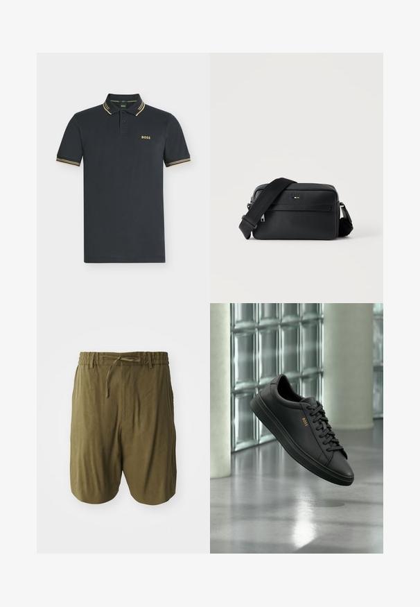 Donker marineblauw polohemd met korte mouwen en beige dubbele strepen op kraag en mouwen, met het "BOSS"-logo op de linkerborst.; Olivengroene shorts van lichtgewicht stof, voorzien van een elastische waistband met een trekkoord en zijzakken voor extra gemak.; Zwarte lage leren sneaker met zwarte veters en gouden BOSS-logo aan de zijkant, zwevend boven glanzende grijze vloer in een moderne binnenruimte.; Zwarte gestructureerde leren crossbodytas met voorvak met ritssluiting en verstelbare brede stoffen schouderband op een witte achtergrond.