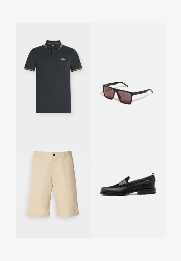 Polo bleu marine foncé à manches courtes avec des doubles rayures beige sur le col et les manches, avec le logo « BOSS » sur la poitrine gauche.; Shorts beiges en tissu léger, avec une taille plate, une taille standard avec fermeture à bouton, et un ourlet droit.; Mocassin en cuir noir avec détail de bride grise, talon bas et semelle texturée, marqué "HUGO" en or sur le côté.; Lunettes de soleil rectangulaires noires avec des verres rouge foncé, présentant une finition mate et un logo rouge sur la branche. Monture en plastique robuste.