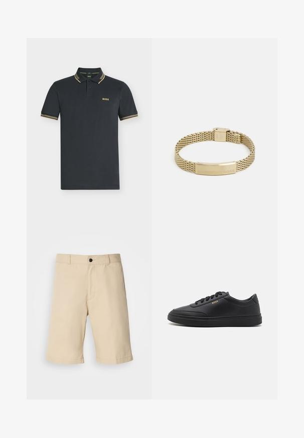 Mørk marineblå kortærmet polo med beige dobbelte striber på krave og ærmer, med "BOSS" logo på venstre bryst.; Beige shorts lavet af letvægtsstof, med flad front, standard talje med knaplukning og lige afslutning.; Sorte lædersneakers med en glat overflade, rund tå, flad gummisål og tonede snørebånd. Udstyret med guld "BOSS" branding på siden.; Guldfarvet mesh-armbånd med en flad, indgraveret plade med ordet "BOSS". Designet er strømlinet med en metallisk tekstur og sikker lukning.
