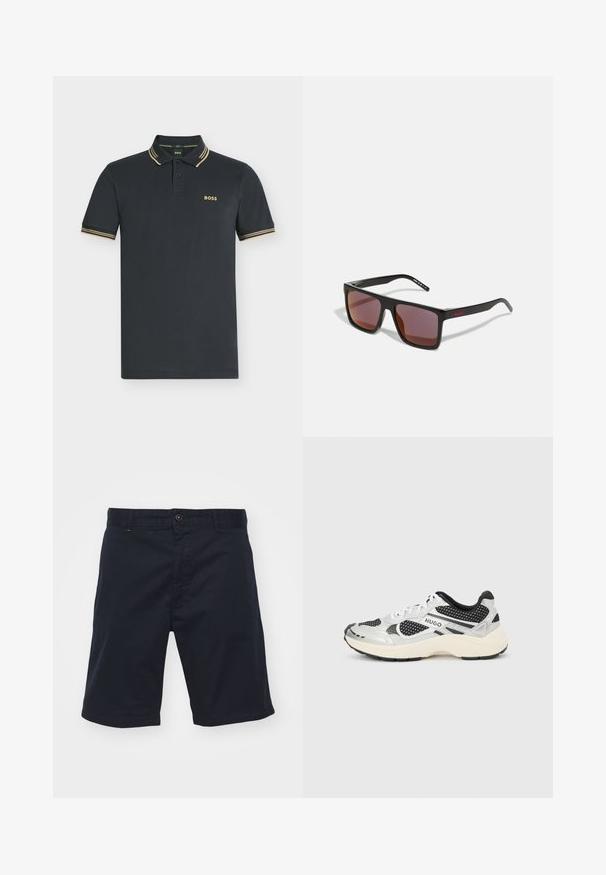 Donker marineblauw polohemd met korte mouwen en beige dubbele strepen op kraag en mouwen, met het "BOSS"-logo op de linkerborst.; Marineblauwe katoenen shorts met knoopsluiting, rechte snit en voorzakken. Beschikt over een gladde textuur en eenvoudig ontwerp.; Witte en zwarte lage sneaker met meshpanelen, met de merknaam "HUGO" aan de zijkant, en een dikke off-white zool tegen een lichtgrijze achtergrond.; Zwarte rechthoekige zonnebril met donkerrode glazen, voorzien van een matte afwerking en een rood logo op de slapen. Stevig plastic frame.