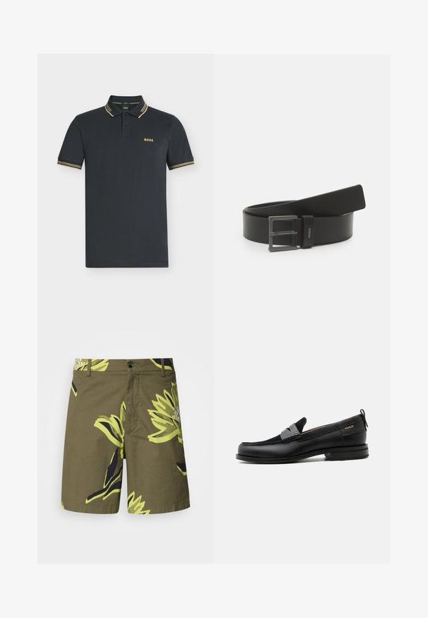 Mørk marineblå kortærmet polo med beige dobbelte striber på krave og ærmer, med "BOSS" logo på venstre bryst.; Oliven grønne shorts med et stort gult og marineblåt blomstermønster, lavet af letvægtsstof med knaplukning og sidelommer.; Sort læderloafer med grå remdetalje, lav hæl og tekstureret sål, mærket med "HUGO" i guld på siden.; Sort læderbælte med en mat sølv rektangulær spænde og en mærket læderløkke. Har diskret rød syning langs kanten.